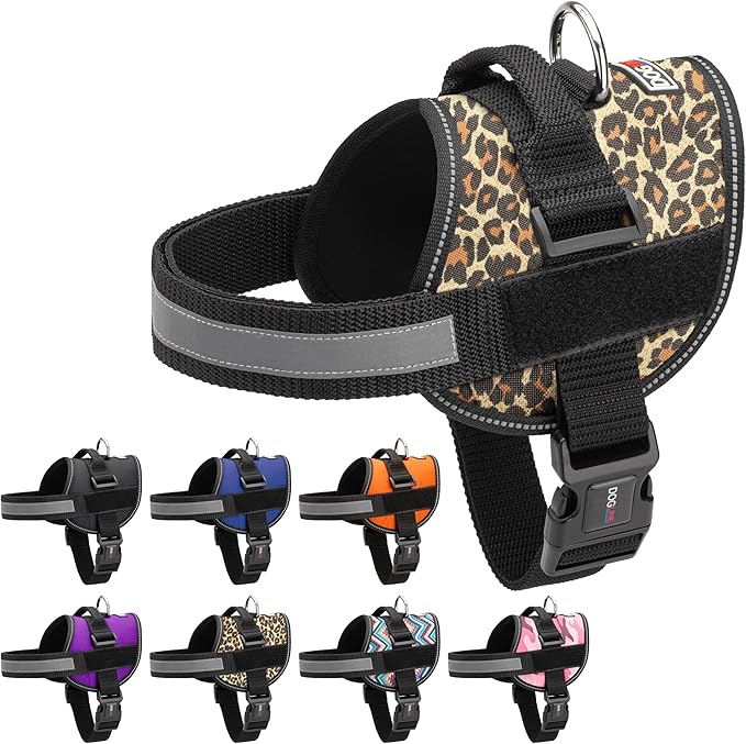 Dogline Dog Harness, Reflective No-Pull Adjustable Vest with Handle for Walking, Training, Breathable, No - Choke Harness for Small, Medium or Large Dogs Room for Patches Leopard Brown XS 15"-18"