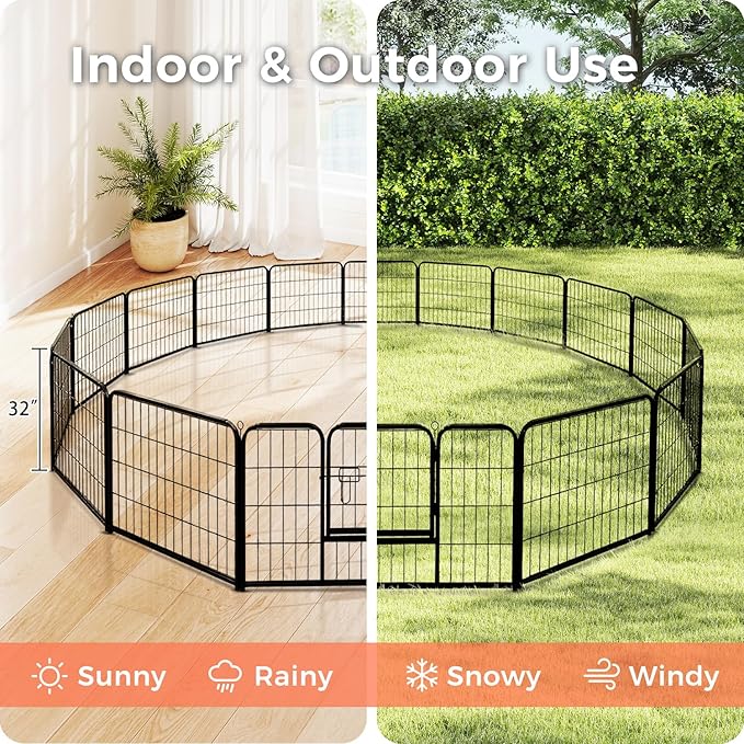 32 Inch Dog Playpen - 16 Panels Metal Pet Exercise Pen for Small-Medium Dogs, Indoor/Outdoor Dog Fence for Yard, Garden, Camping & RV Travel
