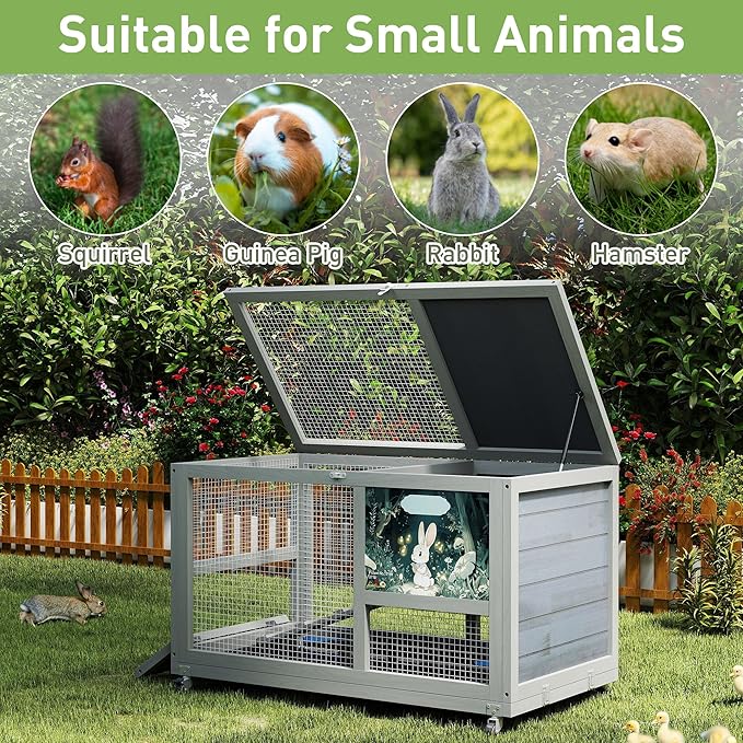 COZIWOW Fashionable Wood 36In Rabbit Hutch Indoor on Wheels Bunny Cage Outdoor Rabbit Cage with Clean Tray, Openable Roof, Anti-Slip Ramp for Small Bunny Rabbit (Grey with Pattern)