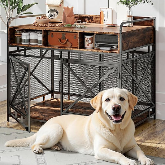 Dog Crate Furniture, 43" Heavy Duty Wooden Dog Crate End Table, XL Dog Kennel Furniture Large Breed, Decorative Dog Kenne Indoor with 3 Drawers & Steel Tubes 43" L x28 W x36 H (Rustic Brown)