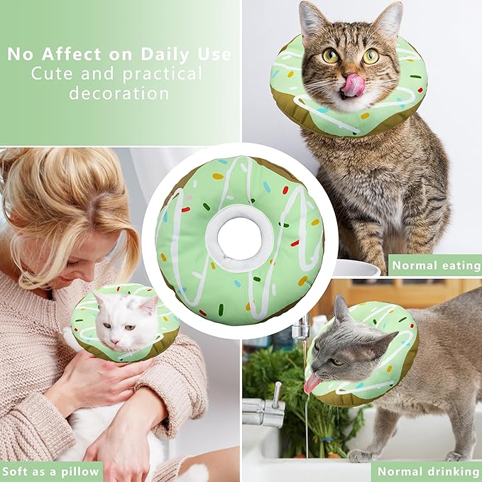 Cat Cone Collar Soft, Adjustable Cat Recovery Collar Kitten Cones to Stop Licking, Cute Donut E Collar After Surgery, Cats Neck Pillow Cone Elizabethan Cones of Shame (Waterproof Green, Small)