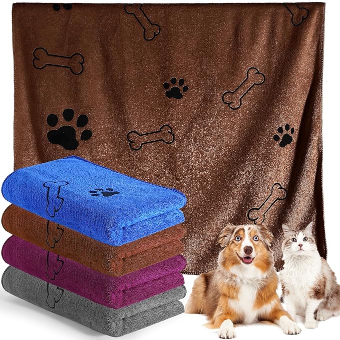 Chumia 4 Pcs Dog Towels for Drying Dog Puppy Bulk Microfiber Absorbent Paw Towel Pet Bathing Supplies Quick Drying for Medium Cats Pets Shower(24 x 40 Inch,Grey,Blue,Coffee,red)