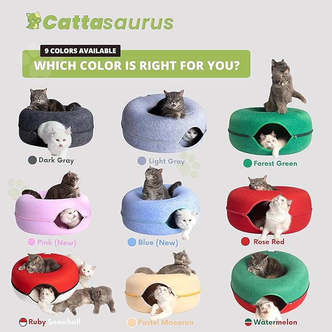 CATTASAURUS Peekaboo Cat Cave for Multiple & Large Cats Up to 30-45 Lbs, Scratch Detachable & Washable Tunnel Bed, Comfy Donut Cat Cave (Ruby Snowball, Large)