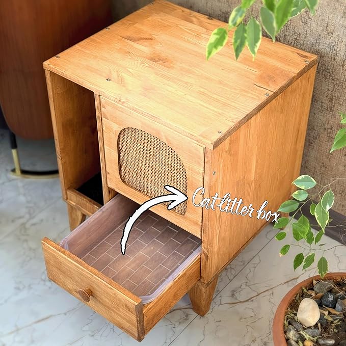 Cat Litter Box | Hidden Litter Box Furniture with Removable Divider | Wooden Cat Washroom Furniture | Indoor Cats House (Wood)