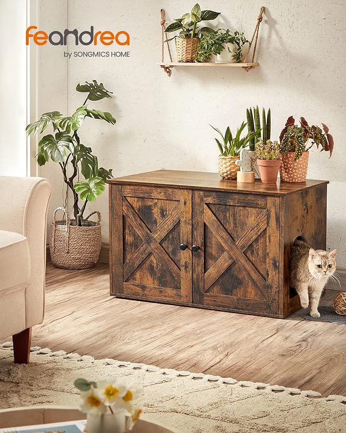 Feandrea Cat Litter Box Enclosure, Litter Box Furniture Hidden with Removable Divider, Indoor Cat House, End Table, 31.5 x 20.9 x 19.7 Inches, Rustic Brown UPCL002X01