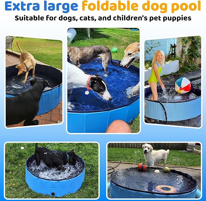 87" x 12" Foldable Dog Pool - Collapsible Hard Plastic Kiddie Pool for Dogs & Kids, Non-Slip Pet Bath Tub for Outdoor Backyard Use, Lightweight & Portable (Blue)