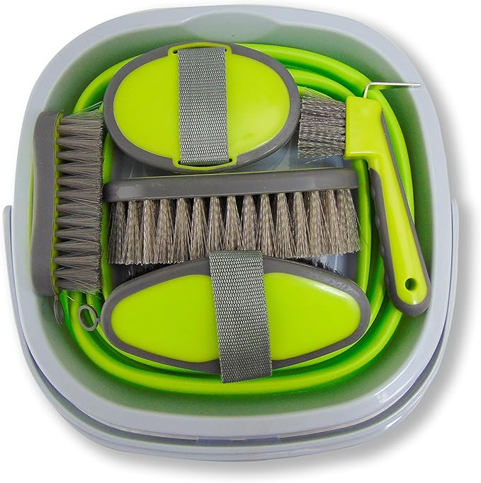 Collapsible Grooming Kit 10 Liter Bucket and 5 Grooming Tools - By Southwestern Equine (Lime Green)