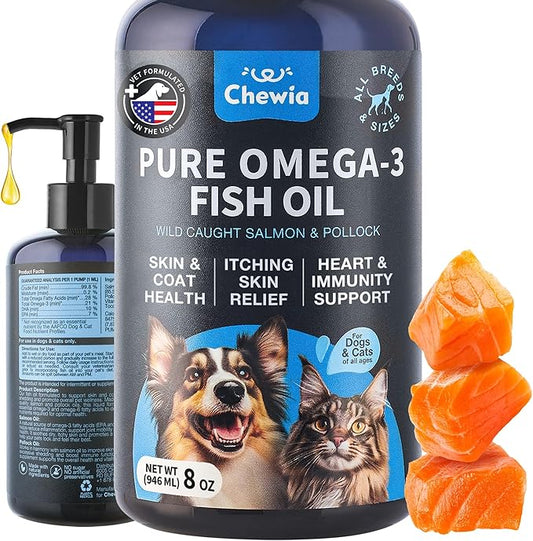 Omega 3 Fish Oil for Dogs and Cats - Healthy Skin and Coat Support Supplement - Omega 3 6 9 EPA DHA Fatty Acids - Itchy Skin, Shedding, Immunity, Joint - Wild Caught Salmon and Pollock Food Topper