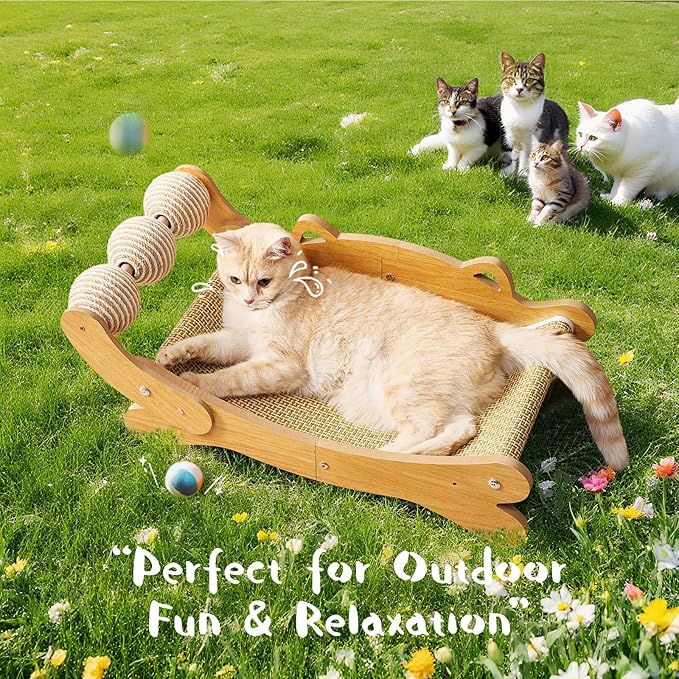 Cat Scratcher & Cats Scratch Pad with Sisal Ball – All-in-One Cats Couch Scratcher, Hammock, and Cat Bed for Indoor Cats, Wooden Cat Scratching Board Upgrade Edition