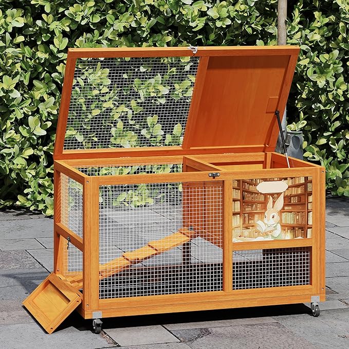 COZIWOW Wooden 36Inches Rabbit Hutch Indoor with Wheels Bunny Cage Outdoor Rabbit Cage with Clean Tray, Openable Roof, Anti-Slip Ramp for Small Bunny (Orange with Pattern)