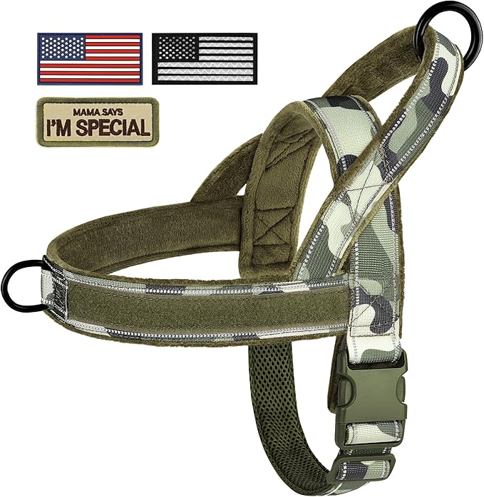 Forestpaw No Pull Dog Harness - Soft Flannel Padded Tactical Dog Vest Harness with Quick Release Buckle, Adjustable Reflective Pet Harness for Large Dogs Walking Training,Green Camouflage XL