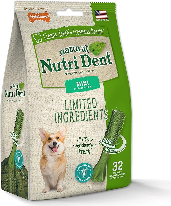 Nylabone Nutri Dent Dog Dental Chews - Natural Dog Teeth Cleaning & Breath Freshener - Dental Treats for Dogs - Fresh Breath Flavor, Mini (32 Count)