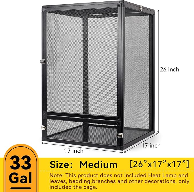 33 Gallon 360° Panoramic Foldable Reptile Terrarium Kit: Crested Gecko Tank and Reptile Cage for Superior Ventilation, Easy Feeding, Sturdiness, and Simple Assembly (Black, 26"x17"x17")
