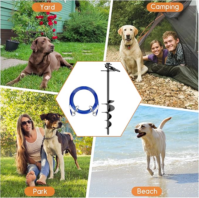 Dog Tie Out Stake, Heavy Duty 360°Swivel Dog Outside Lead Cable, Screw in Spike Auger Ground Stake Anchors with Power Nut Drill Bit, T Wrench and Leash, for Yard Camping Beach