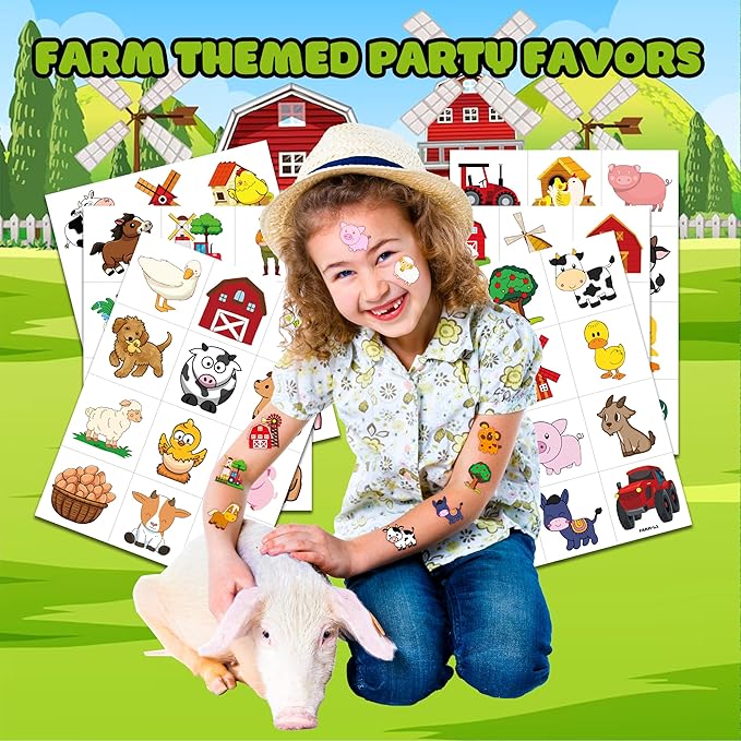 72 PCS Farm Barnyard Animal Pre-Cut Temporary Tattoos Sticker Birthday Decorations Party Supplies Favors Gift Boy Girl Farmhouse Cow Chicken Tattoo School Reward Themed (Normal)