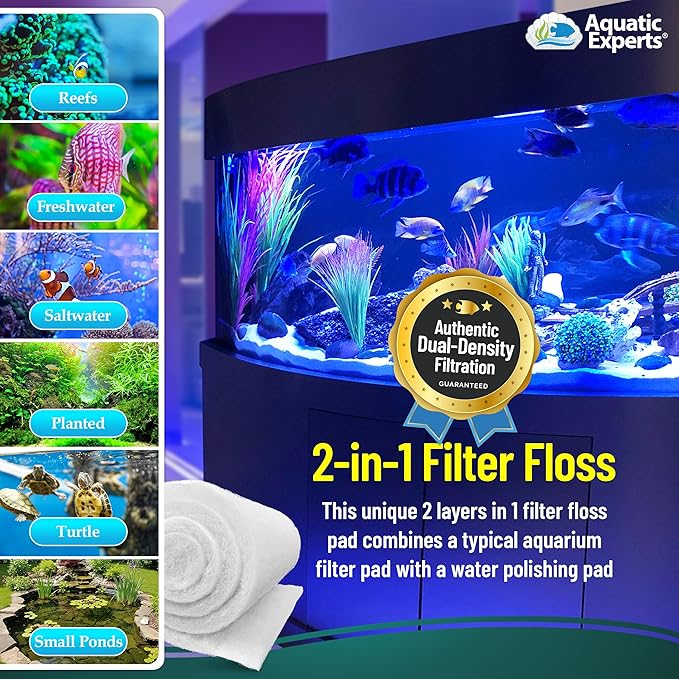 Aquatic Experts Aquarium Filter Floss for Fish Tank Filters - FilterFirst Aquarium Filter Pad - Media Roll for Crystal Clear Water, 3/4" - 1" Thick (18 Inch Wide, 12 Feet Long)