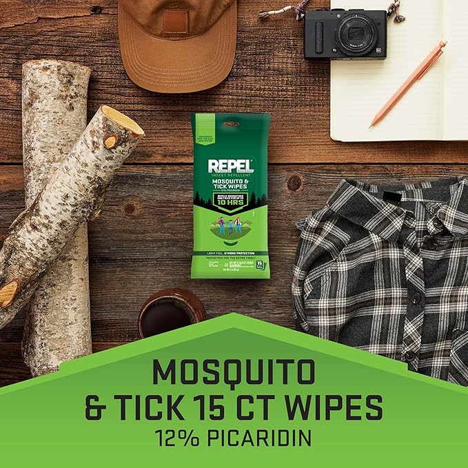 Repel Insect Repellent Mosquito & Tick Wipes 12% Picaridin, Repels Mosquitoes and Ticks for Up to 10 Hours in A Convenient Travel Wipe for Whole-Family Mosquito and Tick Protection,15 Count, 3 Ounces
