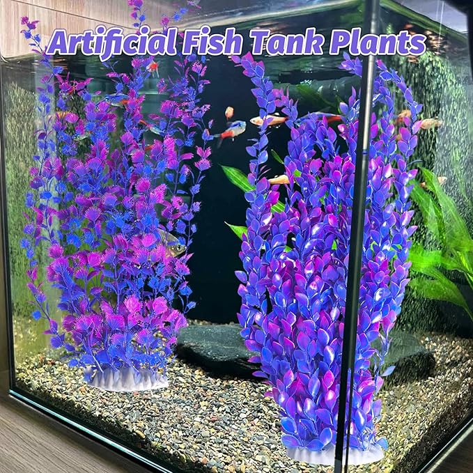 Hamiledyi Aquarium Plastic Plants Aquarium Decor Artificial Fish Tank Plants,Tall Fish Tank Decorations, Extra Large Aquarium Plant 23.6-inch Tall,2PCS（Purple Style A）