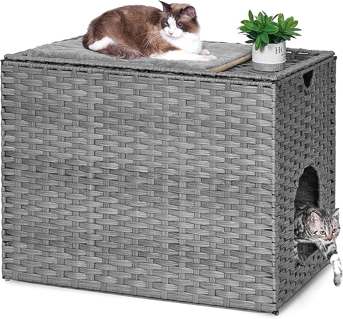 Cat Litter Box Enclosure with Litter Trapping Mat; Handwoven Plastic Rattan Cat House; No Installation Hidden Cat Washroom; Pet Crate for Balcony,Bedroom,Living Room