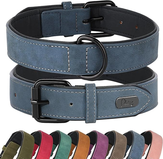 Didog Soft Padded PU Leather Dog Collar, Breathable and Adjustable Dog Collars for Medium Dogs, Comfortable for Daily Walk, Blue, L Fit Neck 13-17"(22-44 lbs)