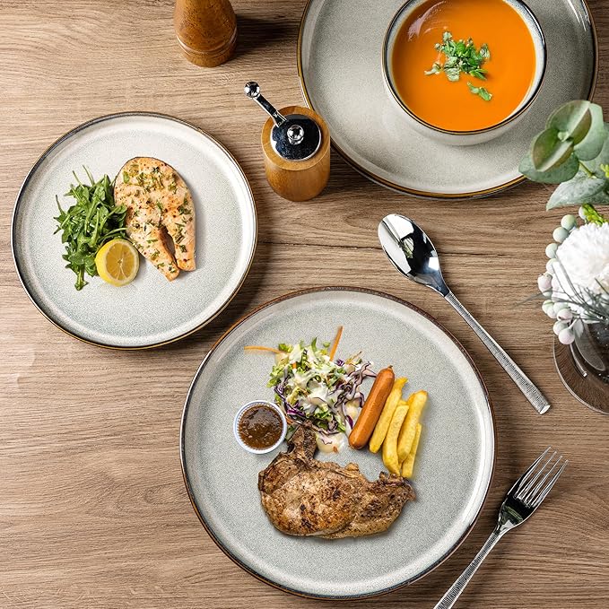 GBHOME Ceramic Dinnerware Sets for 4, 12 Pieces Stoneware Plates and Bowls Sets, Reactive Glaze Dishes -Scratch Resistant, Dishwasher&Microwave Safe, Green Wheat