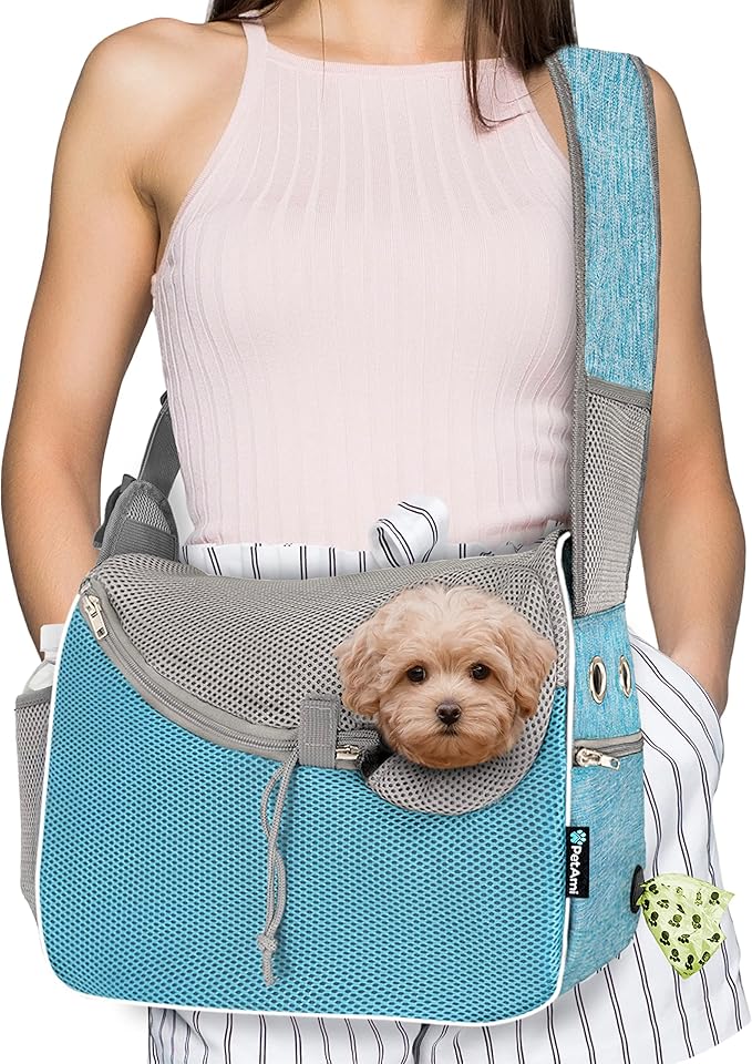 PetAmi Small Dog Sling Carrier, Soft-Sided Crossbody Puppy Carrying Purse Bag, Adjustable Sling Pet Pouch to Wear Medium Dog Cat Travel, Dog Bag for Traveling, Poop Bag Dispenser, Max 10 lbs, Blue