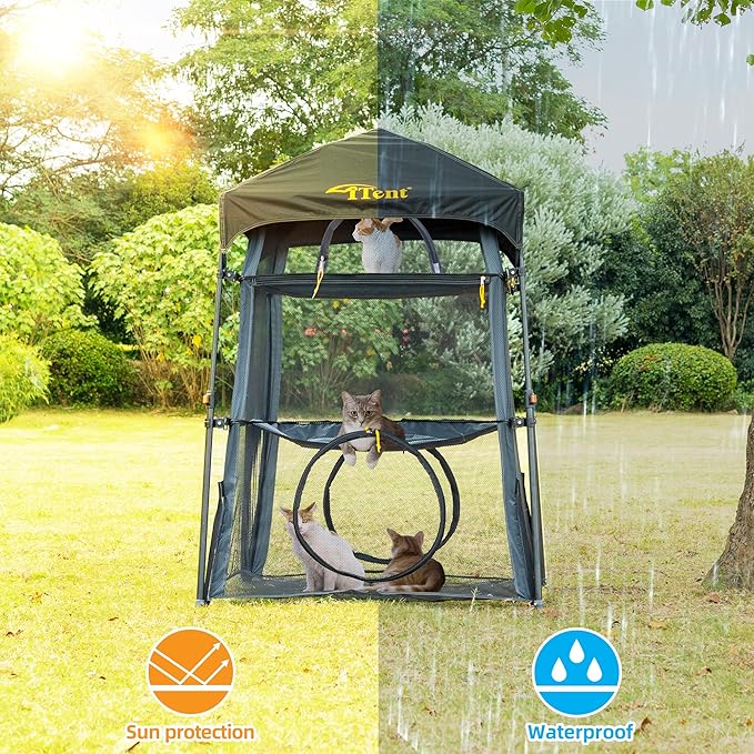 Extra Large Catio Outdoor Cat Enclosure,3 Tier Cat Tower Tent Weatherproof & Sunproof with 3 Doors, Foladable and Portable for Patio, Deck,Camping, Indoor & Outdoor(Patented)-Wave Shade
