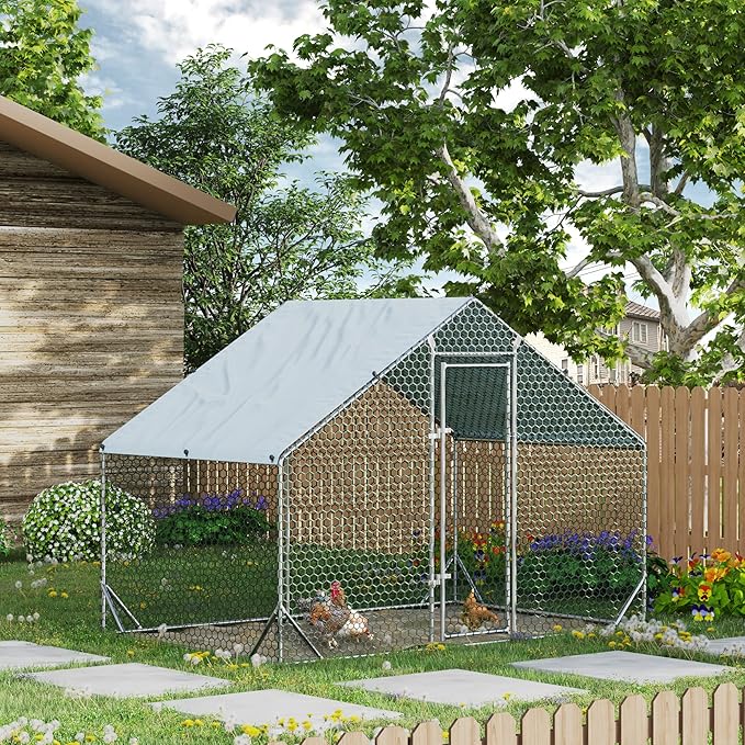 4ever2buy Large Metal Chicken Coop with Run Walk-in Poultry Cage Chicken Runs House Pen Cage Spire Roofed Chicken Coops with Anti-Ultraviolet Cover for Outdoor Backyard Farm Use 9.8’L x 6.6’W x 6.4’H