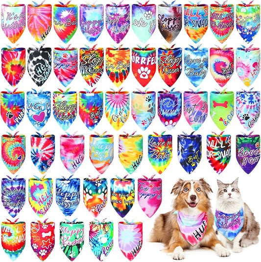 50 Pcs Tie Dye Dog Bandanas Bulk Pet Bibs Colorful Triangle Scarf Tie Dye with Sayings Pet Bandanas for Medium Large Dogs Spring Summer Birthday Costume Decor