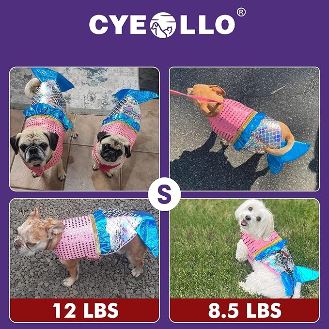 cyeollo Mermaid Dog Costume Halloween Clothes for Doggie Sequin Mermaid Small Dog Party Outfit Funny Pet Costumes for Small Dogs Size S