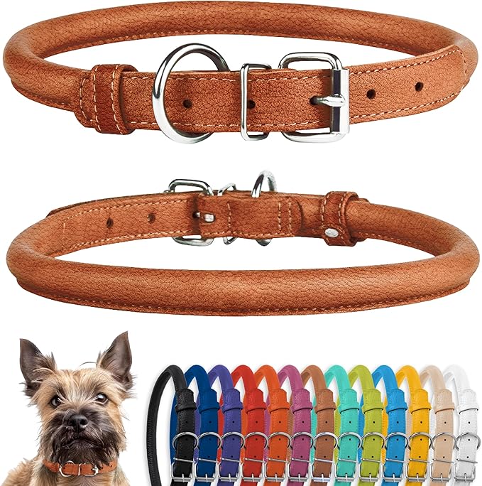 CollarDirect Rolled Leather Dog Collar, Soft Padded Round Puppy Collar, Handmade Genuine Leather Collar Dog Small Large Cat Collars 13 Colors (8-11 Inch, Cinnamon Textured)