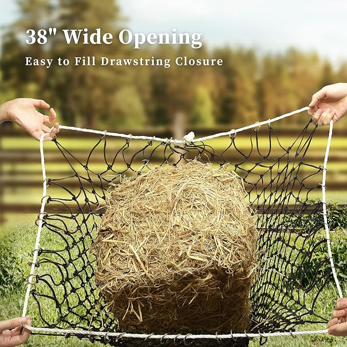 Bloomoak Slow Hay Net Feeder for Horses, Durable Soft Black PE 2String Hay Bales Bags with 2" Hole, Fit 36 * 18 * 18" Square Bale Easily…