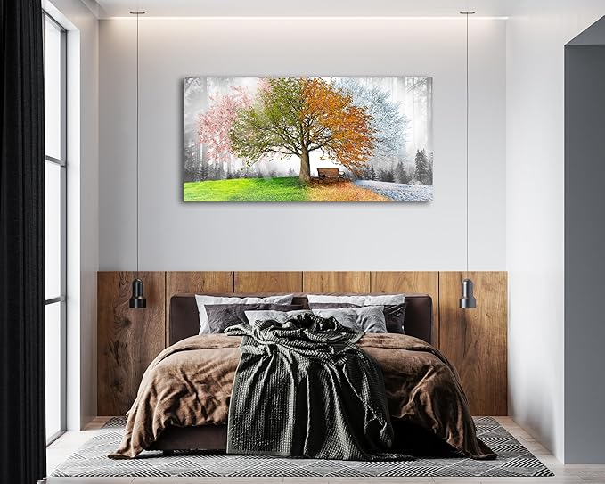 Canvas Prints Wall Art Decor Large Four Seasons Tree Picture 1 Panel Spring Summer Autumn Winter Tree Painting Artwork for Dining Room Kitchen Home Decor Stretched and Framed Ready to Hang
