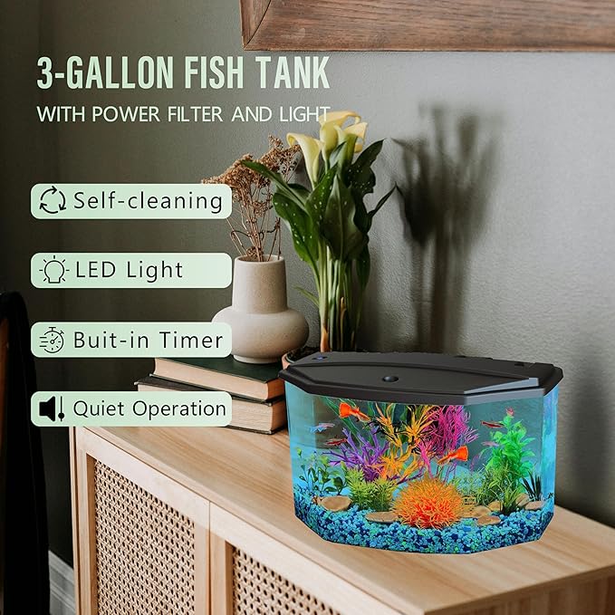 Koller Products Plastic 3-Gallon Aquarium Starter Kit with 4 Colors LED Lighting and Complete Filtration, Ideal for a Variety of Tropical Fish, Betta Fish, Tropical Fish, Cichlids, Ornamental Shrimp