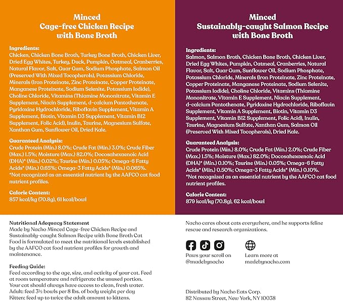 Made by Nacho Minced Cage-Free Chicken and Salmon in Bone Broth Cups, Enriched with Vitamins and Prebiotics, Variety Pack, 10 Cups, 2.5 oz