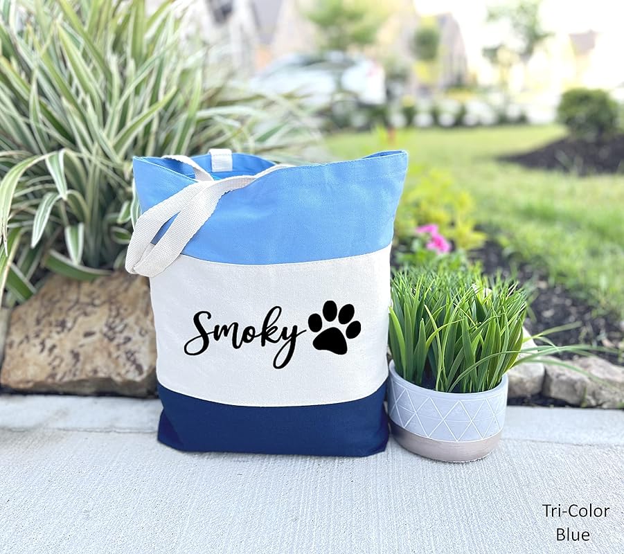 Custom Dog Tote Bag Personalized Dog Mom Gift Dog Toys Totes Pet Gift Custom Pet Bag Gift For Dog Mom Dog Lover Bag (15"L x 15"H x 3"D, Tri-Color Blue)