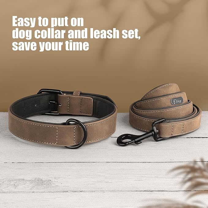 Didog Soft Padded Leather Dog Collar and Leash Set, Adjustable Dog Leash and Collar Set with Metal Buckle, Breathable Dog Collars with 4FT Leather Dog Leash for Small Medium Large Dogs, Brown, XL