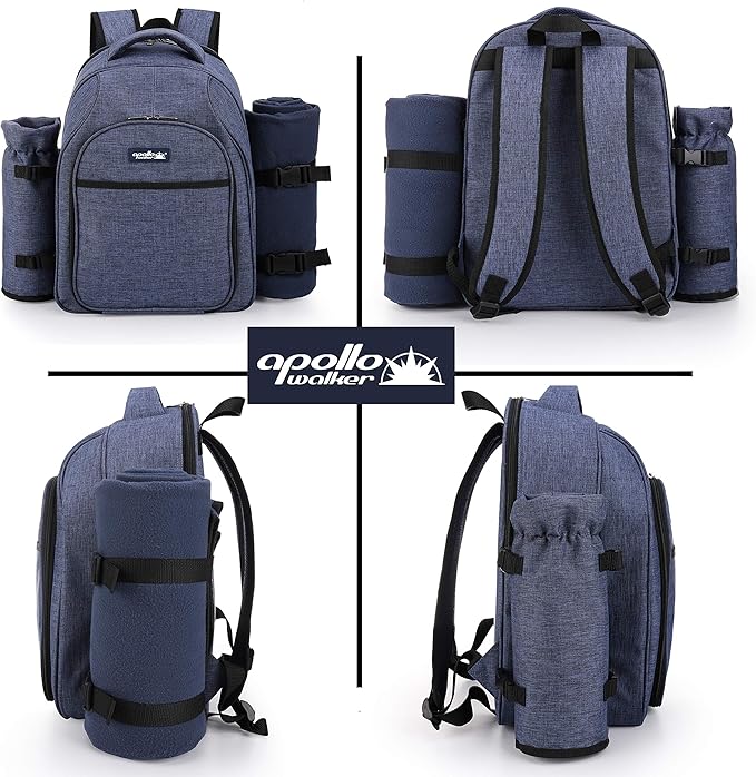 Apollo Walker Picnic Backpack Bag for 2 Person with Cooler Compartment, Detachable Bottle/Wine Holder, Fleece Blanket, Plates and Cutlery Set (2 Person, Navy)