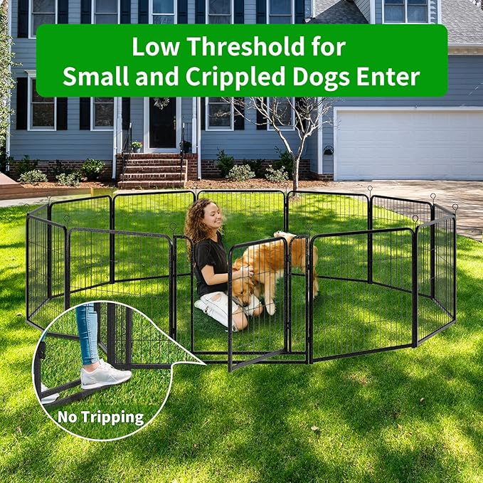 Dog Playpen Outdoor Extra Wide 16 Panels Heavy Duty Dog Fence 32" Height Anti-Rust with Doors Portable for RV Camping Yard, Total 42FT, 140 Sq.ft, Snowy Black