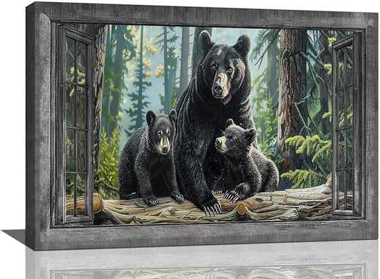 Black Bear Wall Art Forest Window Canvas Cabin Living Room Pictures Prints Animal Wall Decor Painting Artwork for Bedroom Dining Office Home 24"x16"
