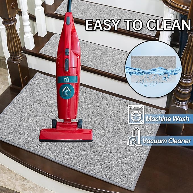 COSY HOMEER Edging Stair Treads Non-Slip Corner Indoor Stair Runners for Wooden Steps,Landing Slip Resistant Stair Rugs for Kids and Dogs, 100% Polyester TPE Backing,Grey,20"X32"