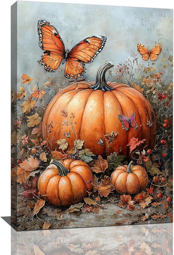 Fall Pumpkin Pictures Wall Art, Rustic Thanksgiving Bathroom Wall Decor, Farmhouse Autumn Butterfly Framed Painting Canvas Artwork for Harvest Gift Bedroom Living Room Decorations 24"L x 16"W