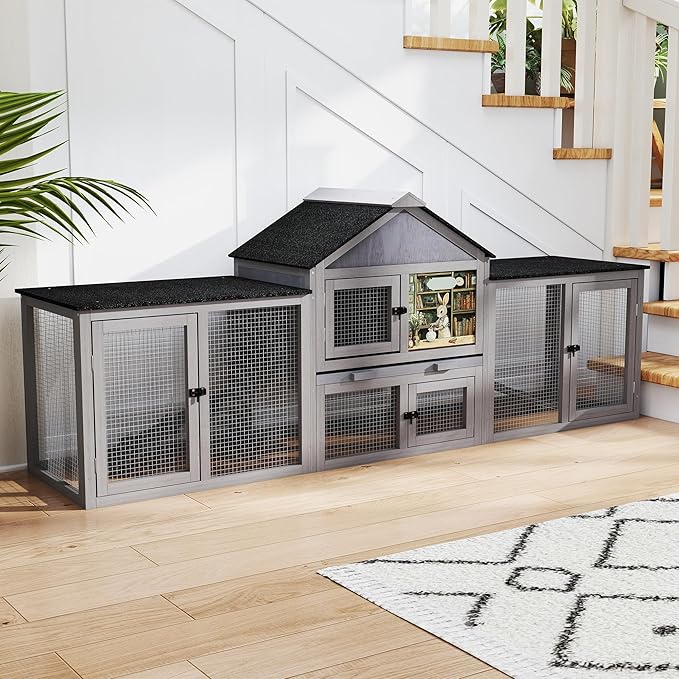 COZIWOW 82inches Extra Large Wood Rabbit Hutch Outdoor Easy to Assemble and Stable Bunny Cage Indoor with Cleaning Tray & Waterproof Roof for Small and Medium Bunny Rabbit Chick (Grey)