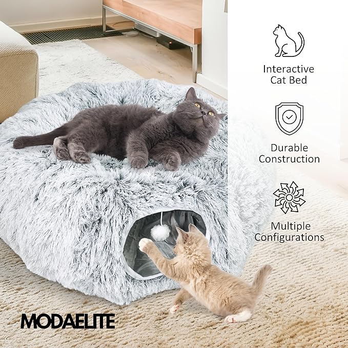 Cat Donut Bed with Washable Cushion – Cat Caves for Indoor Cats – Collapsible Donut Bed with Peekaboo Pet Tunnel & Tunnel Toy – Cozy Hideout for Kittens, Ferrets, Rabbits & Dogs – Grey