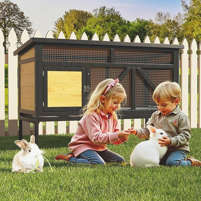 46.7" Rabbit Cage Elevated Bunny Cage Indoor, Outdoor Rabbit Hutch Hamster Cages for Small Animals, Wooden Guinea Pig Cages with Removable Tray & Waterproof Asphalt Roof & Bottom Wire Mesh