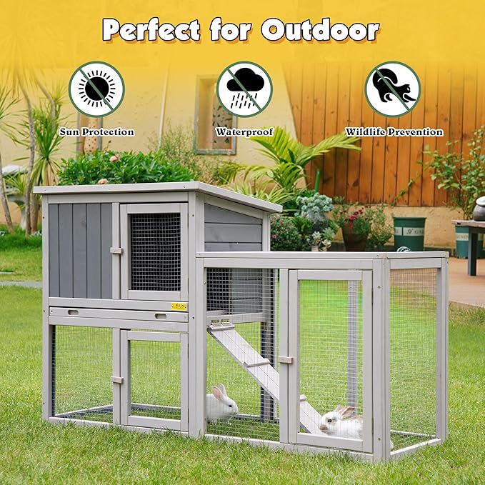 Assembled Wooden Indoor & Outdoor Rabbit Hutch, 2 Story Small Animal House Habitat, Durable Pet Bunny House Cage with Cleaning Tray, for Bunny Chick Duck Hamster (Grey)
