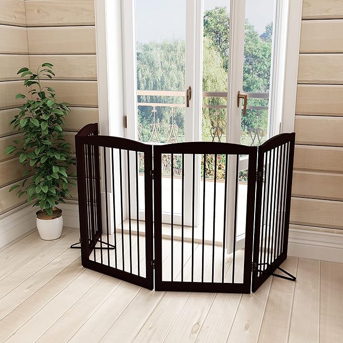 Freestanding Pet Gate for Dogs, Indoor Wooden Foldable Dog Gate for House, Doorway, Stair, 80 Inch Wide, 4 Panels 32",Brown