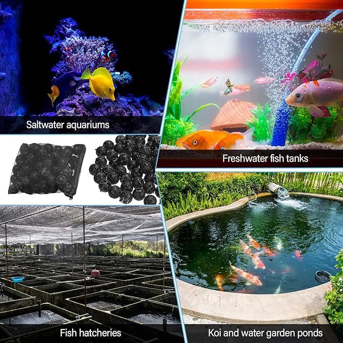 CHENGU 300 Pieces Black Bio Balls for Aquarium 1.02 Inch Internal Bioballs with 5 Pieces Aquarium Filter Media Bags with Zipper for Fish Tank Pond