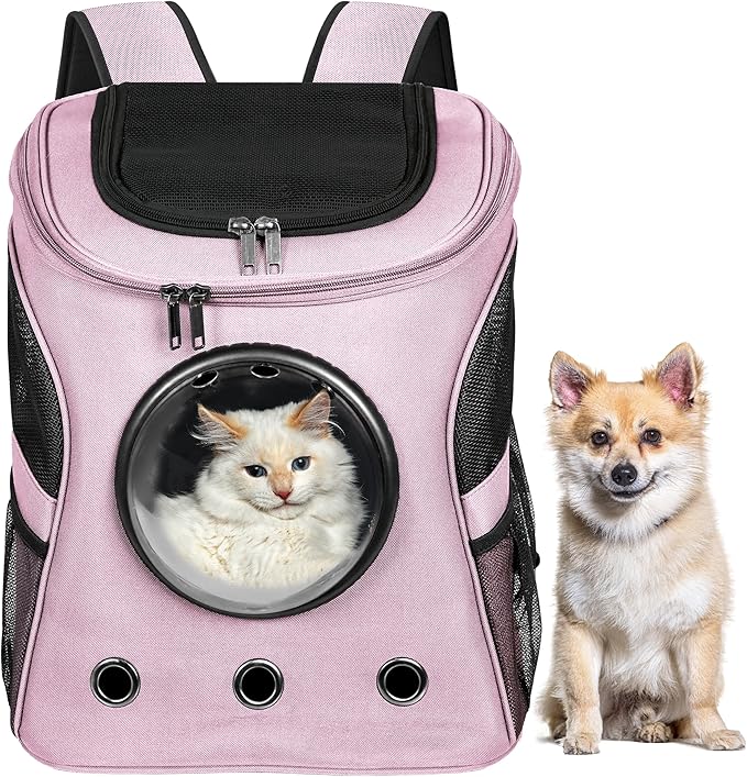 Cat Backpack Carrier, Airline Approved, Space Capsule Bubble Design, Ideal for Cats & Dogs up to 28-35 lbs, with Strong Straps, Safety Zippers, Mesh, Comfortable for Hiking & Travel (Pink)