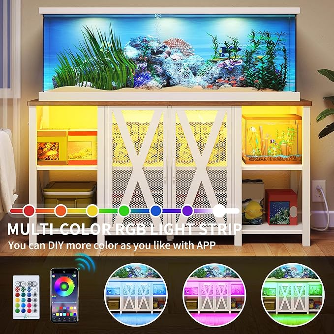 DWVO 75-120 Gallon Aquarium Stand with Power Outlet & LED Light, Cabinet for Accessories Storage - Heavy Duty Metal Fish Tank Stand Suitable for Turtle Tank, Reptile Terrarium, 2000LBS Capacity, White